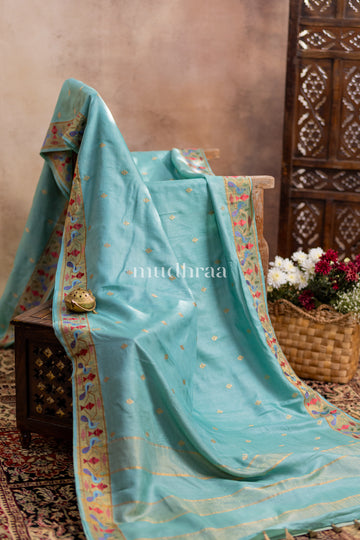 CELESTE BLUE & GOLD EMBROIDERED TUSSAR SILK SAREE