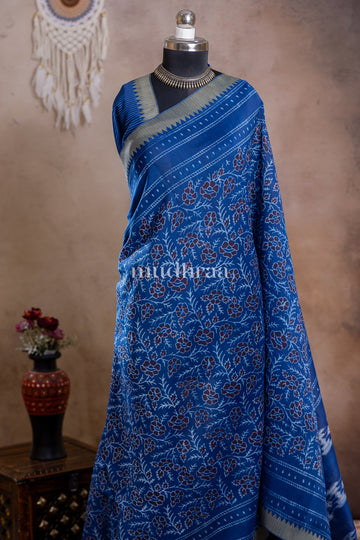 INDIGO FLORAL CHANDERI GHICHA SAREE
