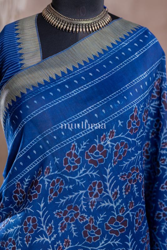 INDIGO FLORAL CHANDERI GHICHA SAREE