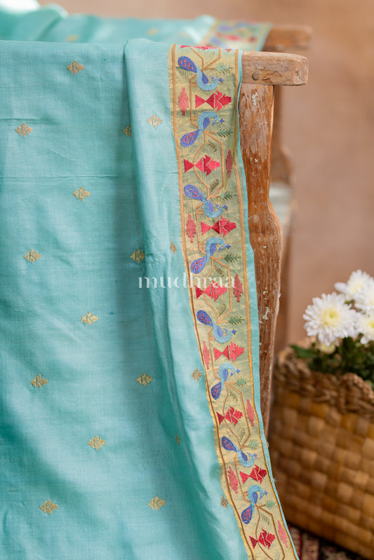 CELESTE BLUE & GOLD EMBROIDERED TUSSAR SILK SAREE