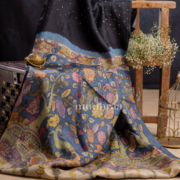 COAL BLACK BANDHANI-KALAMKARI TUSSAR SAREE