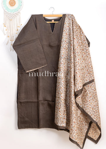 Cedar brown & Ivory semi-stitched tussar suit set