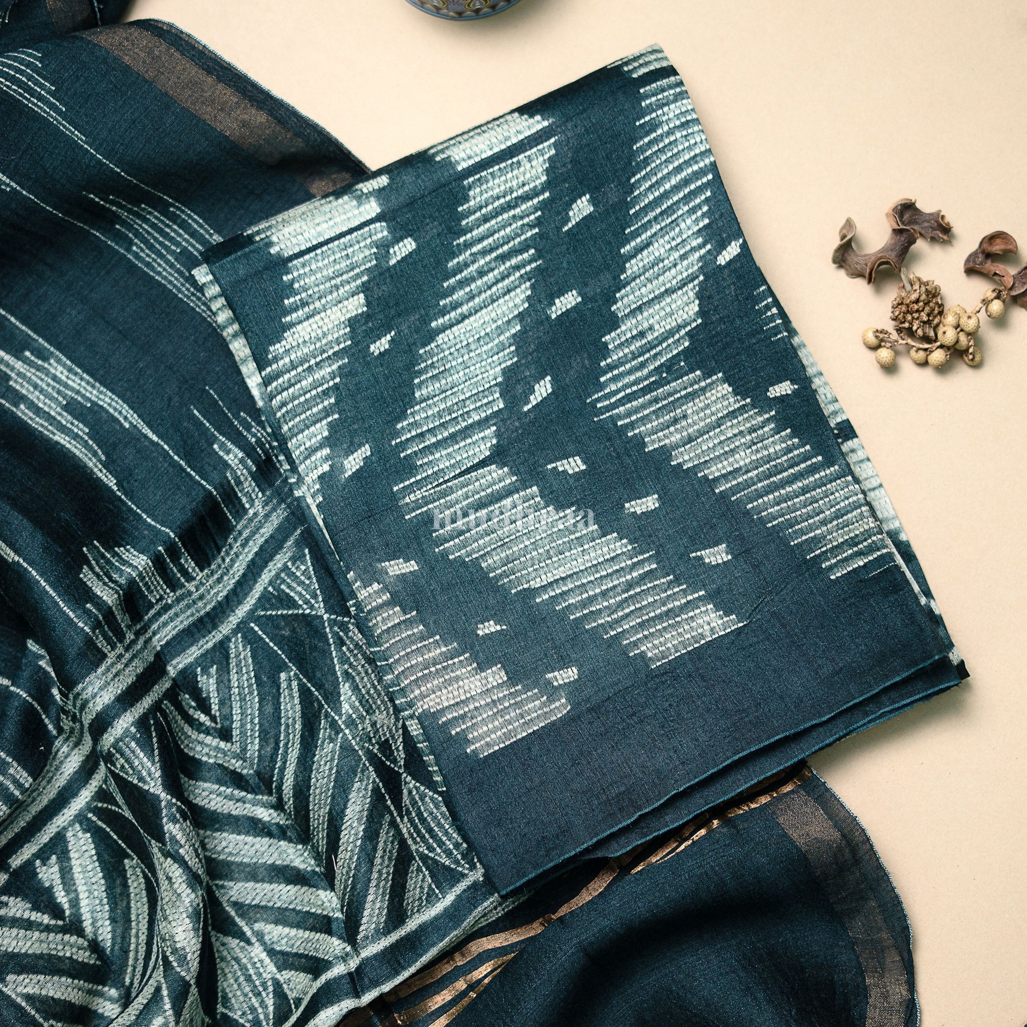 Teal Blue Moonga Tussar Shibori Suit Set