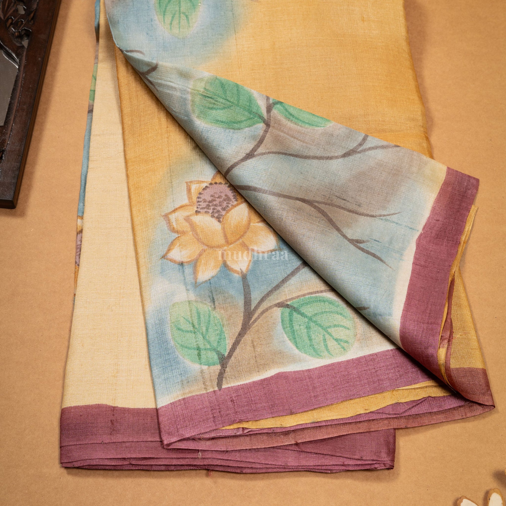 Yellow ombré hand painted Tussar silk saree