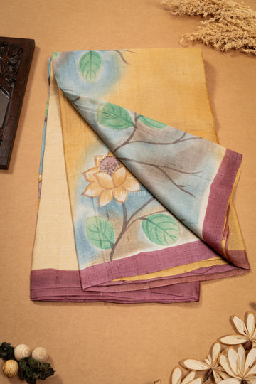 Yellow ombré hand painted Tussar silk saree