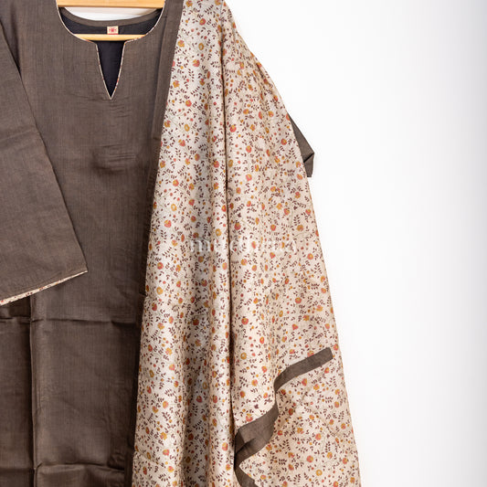 Cedar brown & Ivory semi-stitched tussar suit set