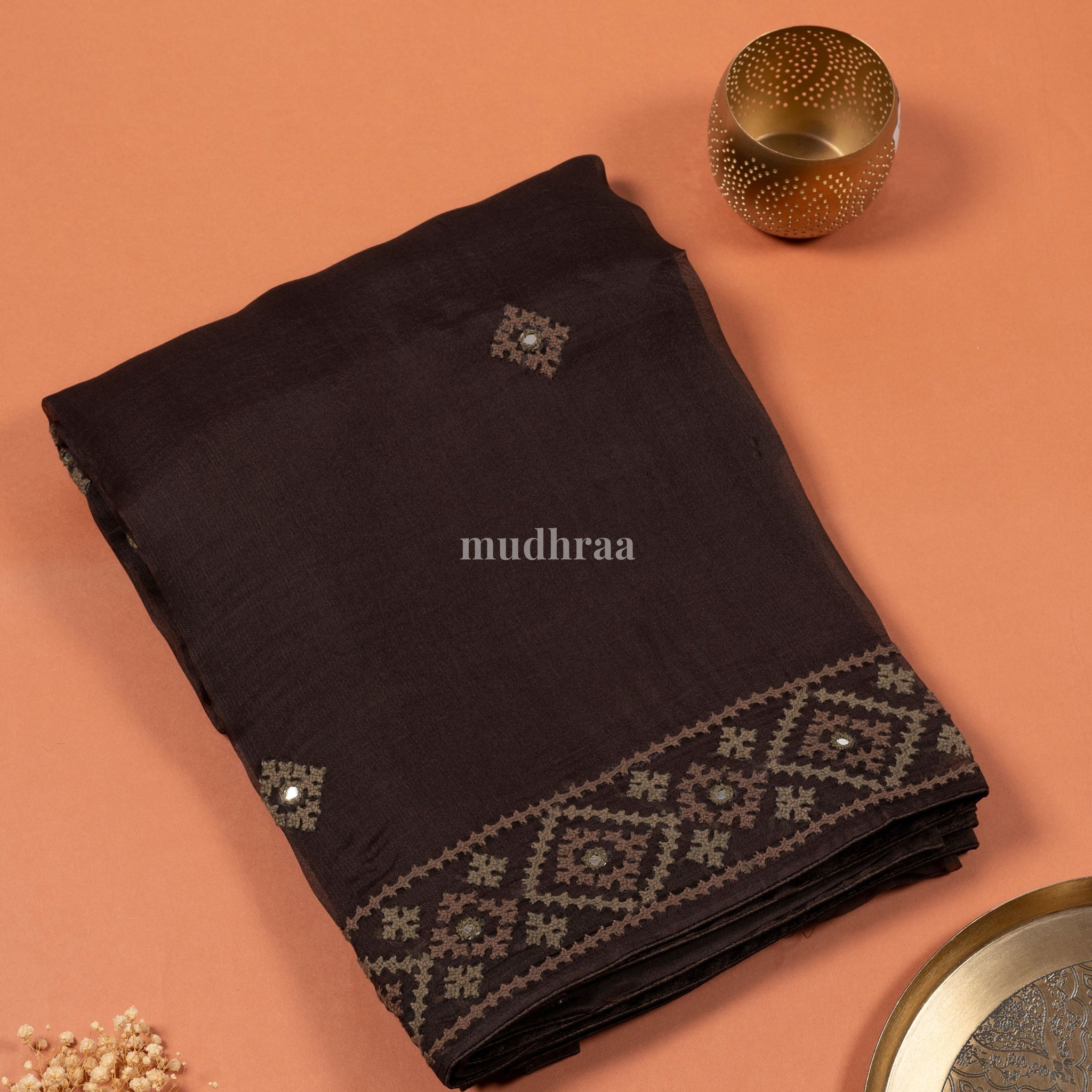 Mocha Brown Organza Kutch Work Saree