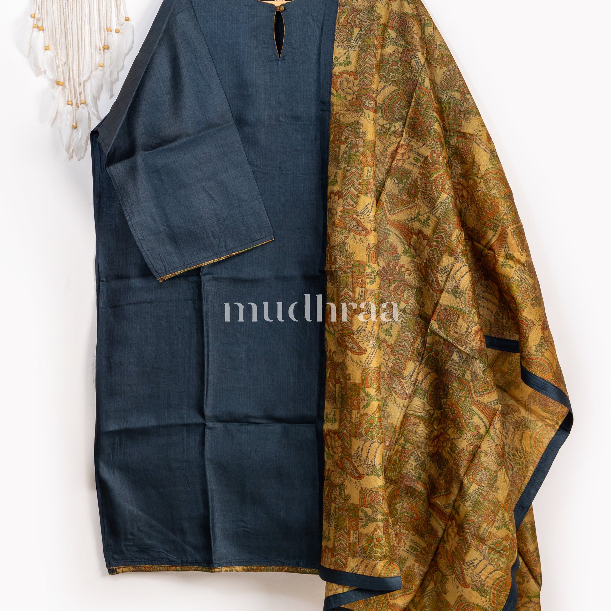 Navy & Mustard semi-stitched tussar suit set