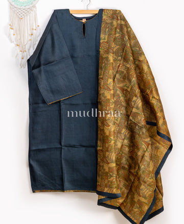 Navy & Mustard semi-stitched tussar suit set