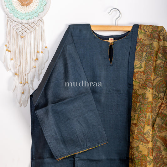 Navy & Mustard semi-stitched tussar suit set