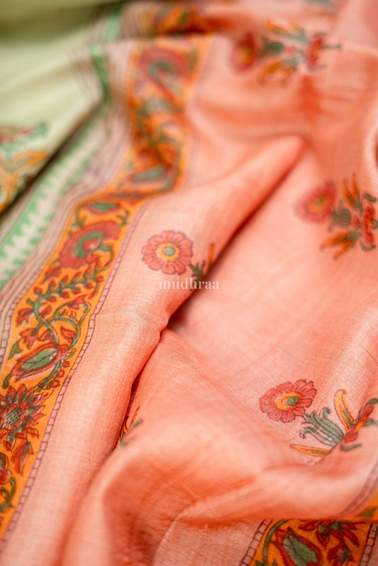 Peach and Pista Tussar Suit Set