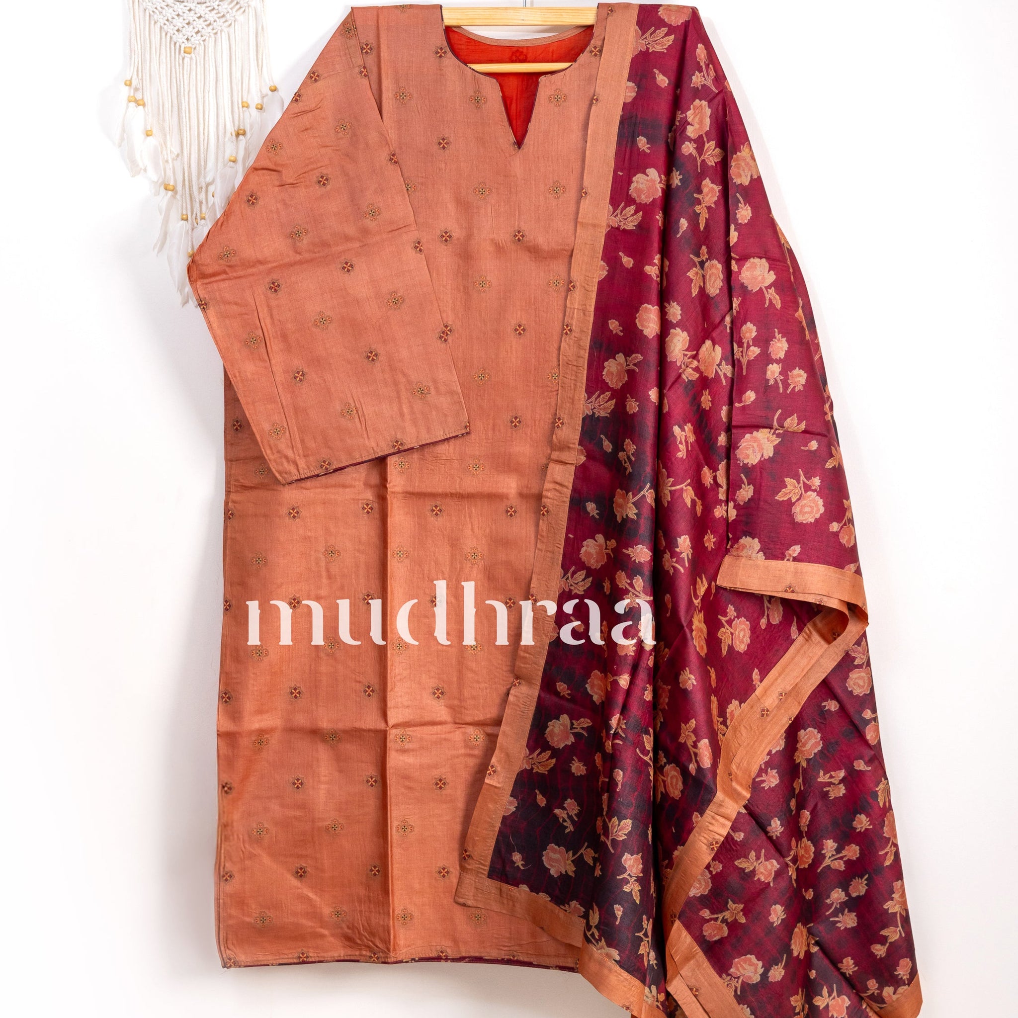 Sandstone & Maroon semi-stitched tussar suit set