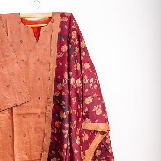 Sandstone & Maroon semi-stitched tussar suit set