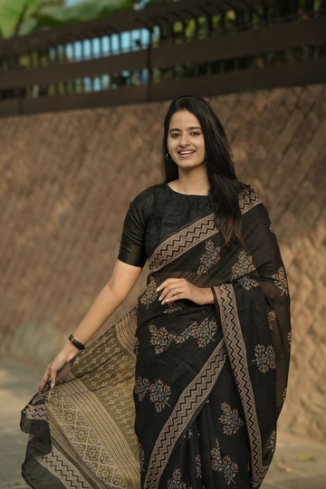 CARBON BLACK HANDBLOCK PRINTED KOTA COTTON SAREE