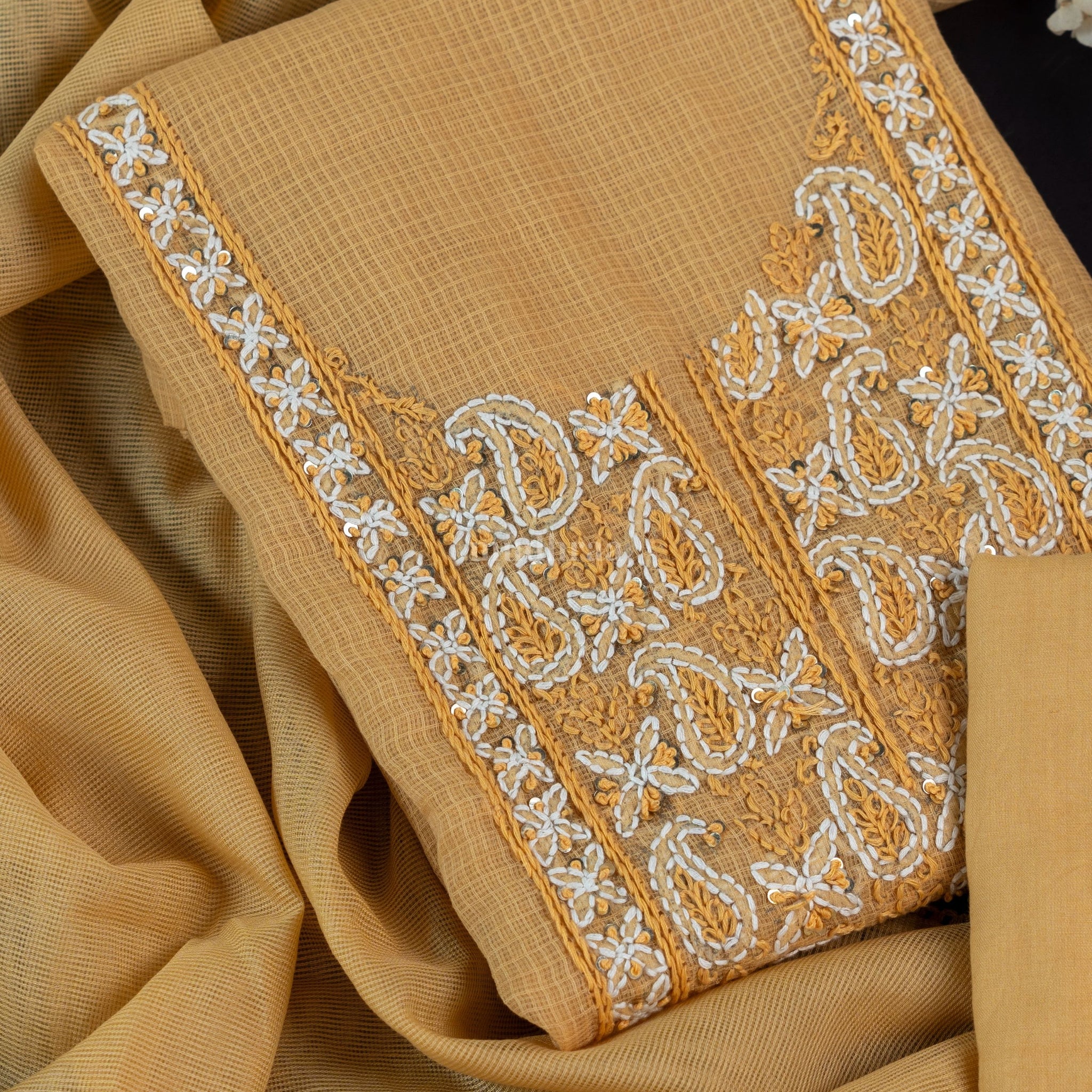 BUTTER YELLOW KOTA CHIKANKARI EMBROIDERED SUIT SET