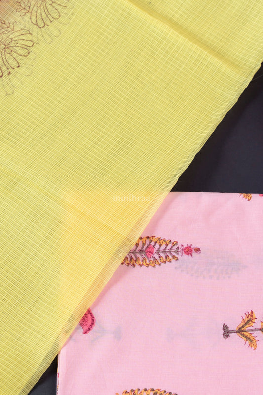 BABY PINK & LEMON YELLOW HANDBLOCK PRINTED COTTON SUIT SET