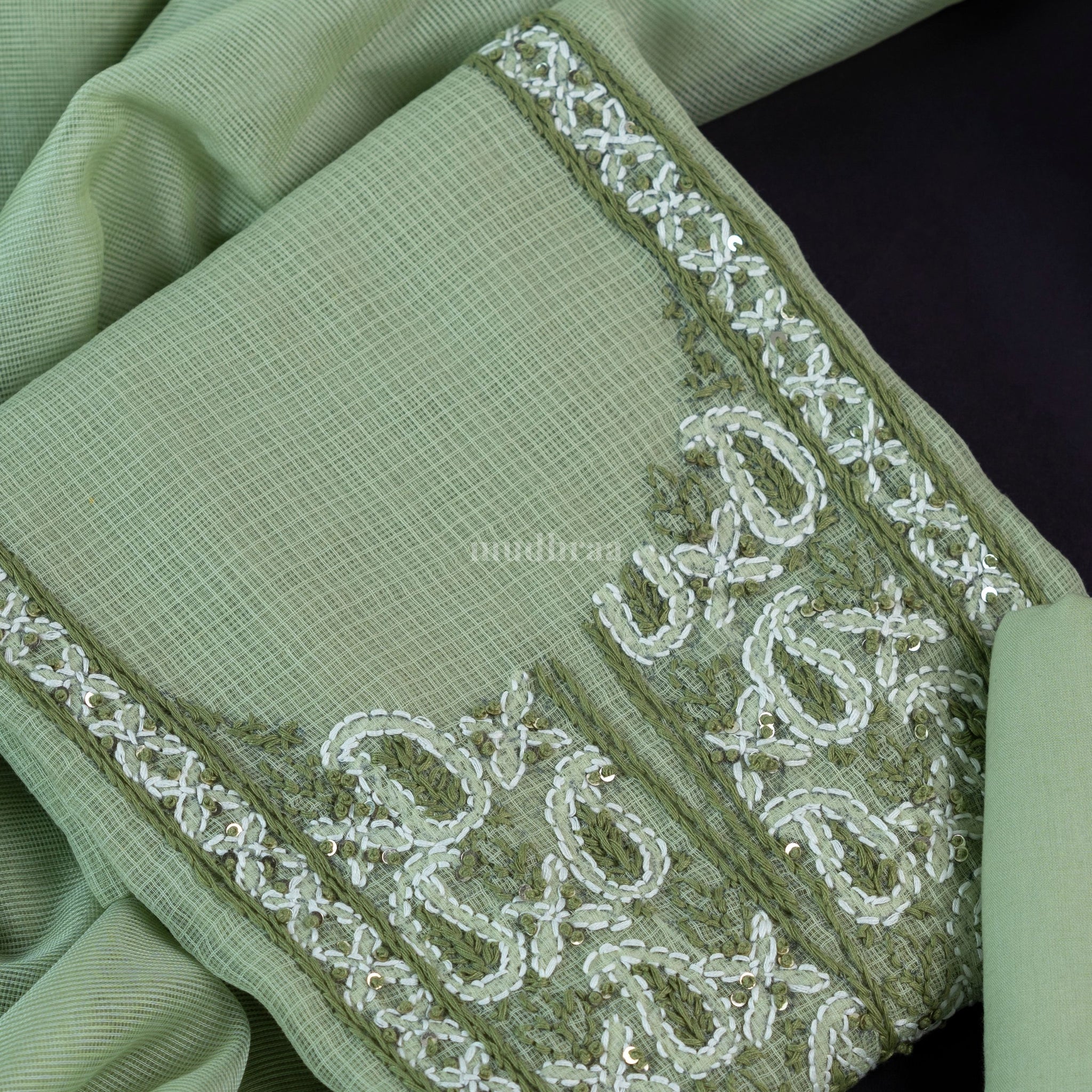 SAGE GREEN KOTA CHIKANKARI EMBROIDERED SUIT SET