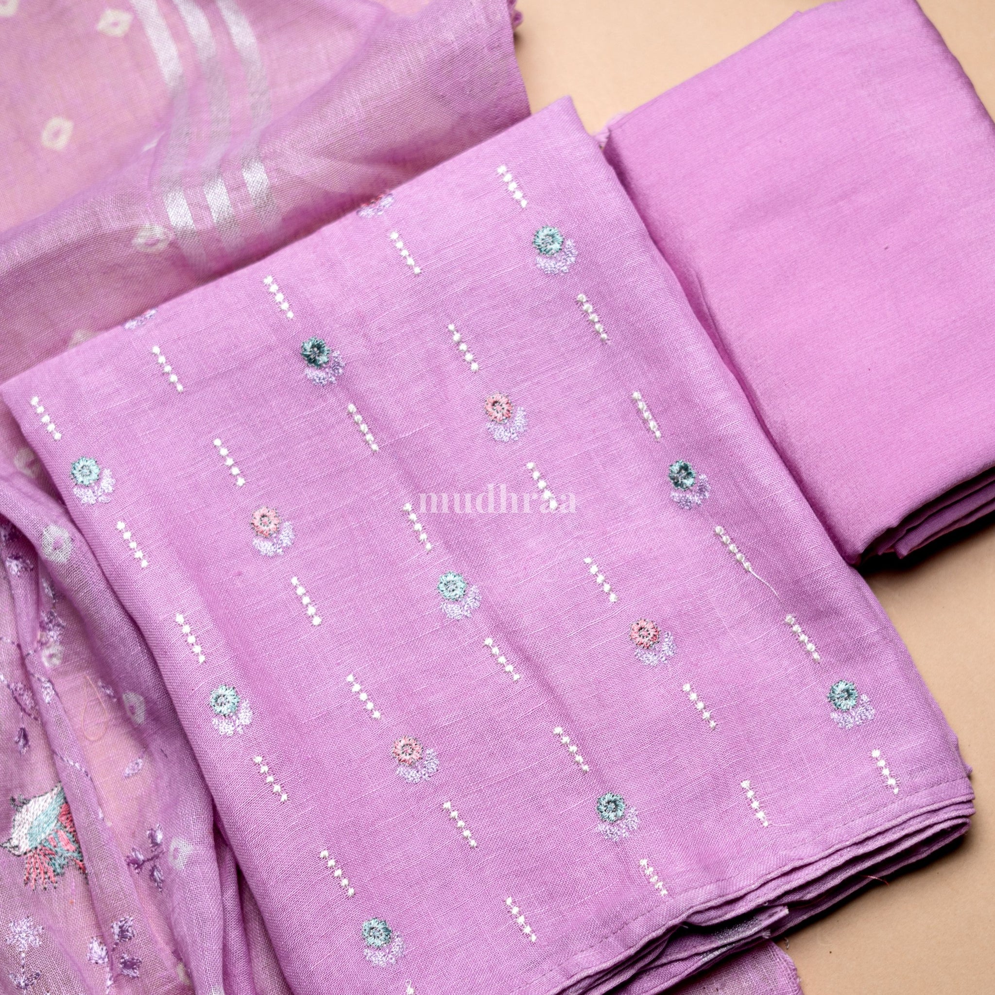 Lilac Linen Embroidered Suit Set