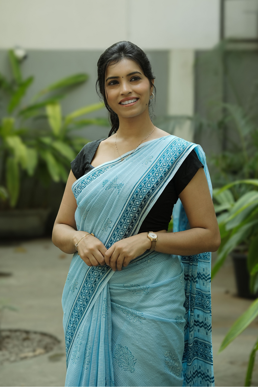 BABY BLUE HANDBLOCK PRINTED KOTA COTTON SAREE