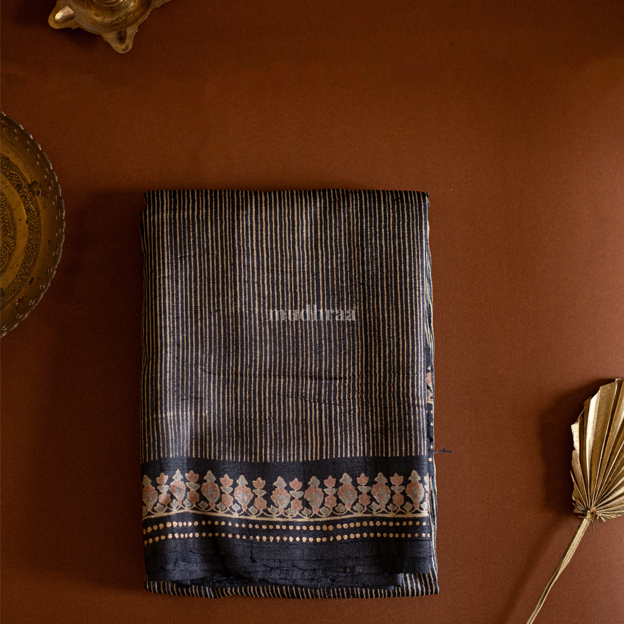 CHARCOAL STRIPED TUSSAR SILK SAREE