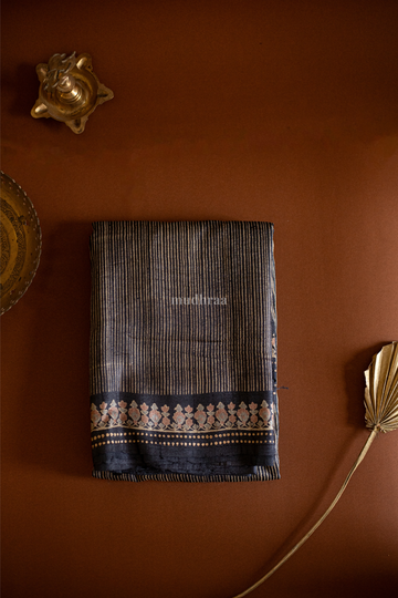 CHARCOAL STRIPED TUSSAR SILK SAREE