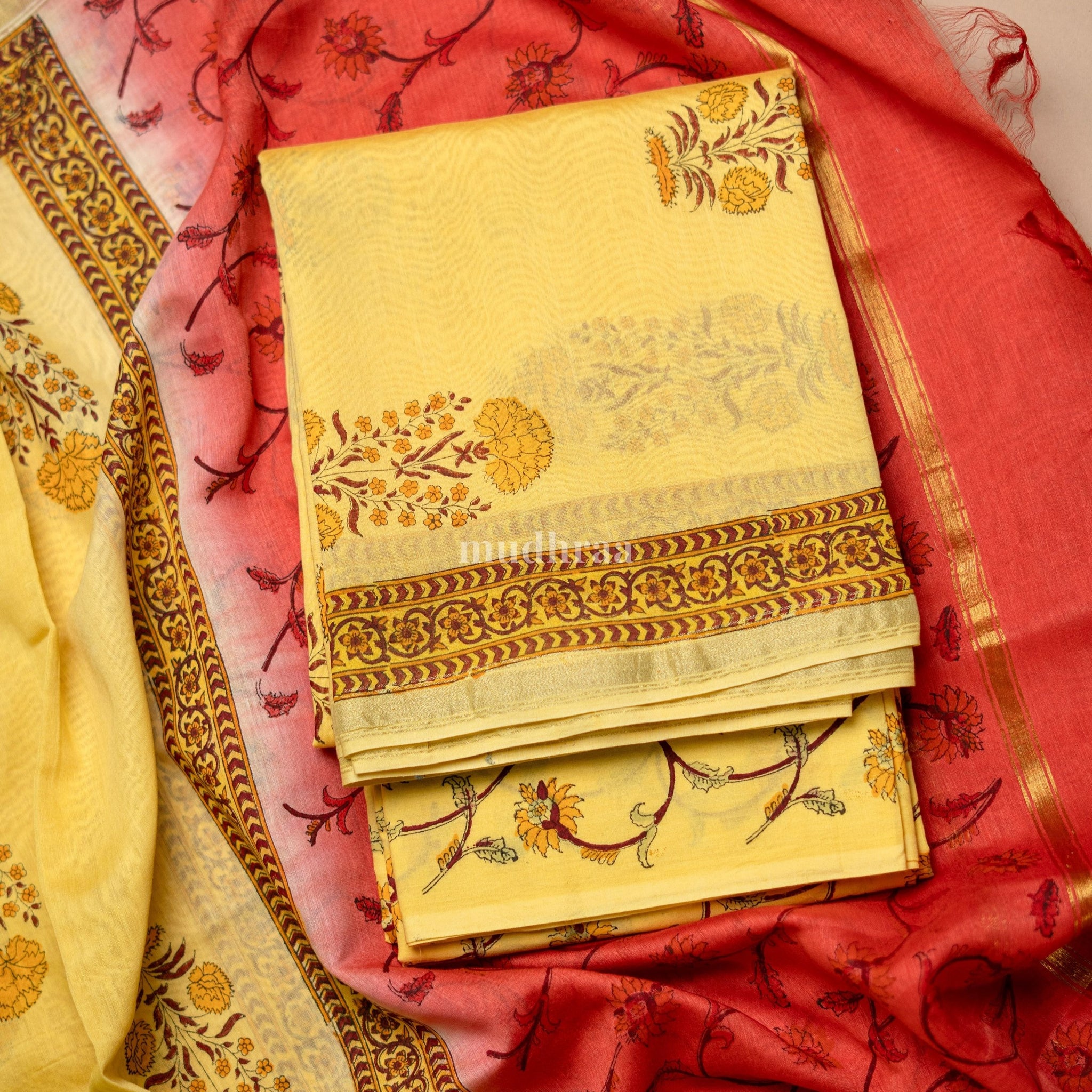 Yellow and Rust Orange Chanderi Suit Set