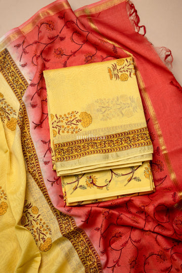 Yellow and Rust Orange Chanderi Suit Set