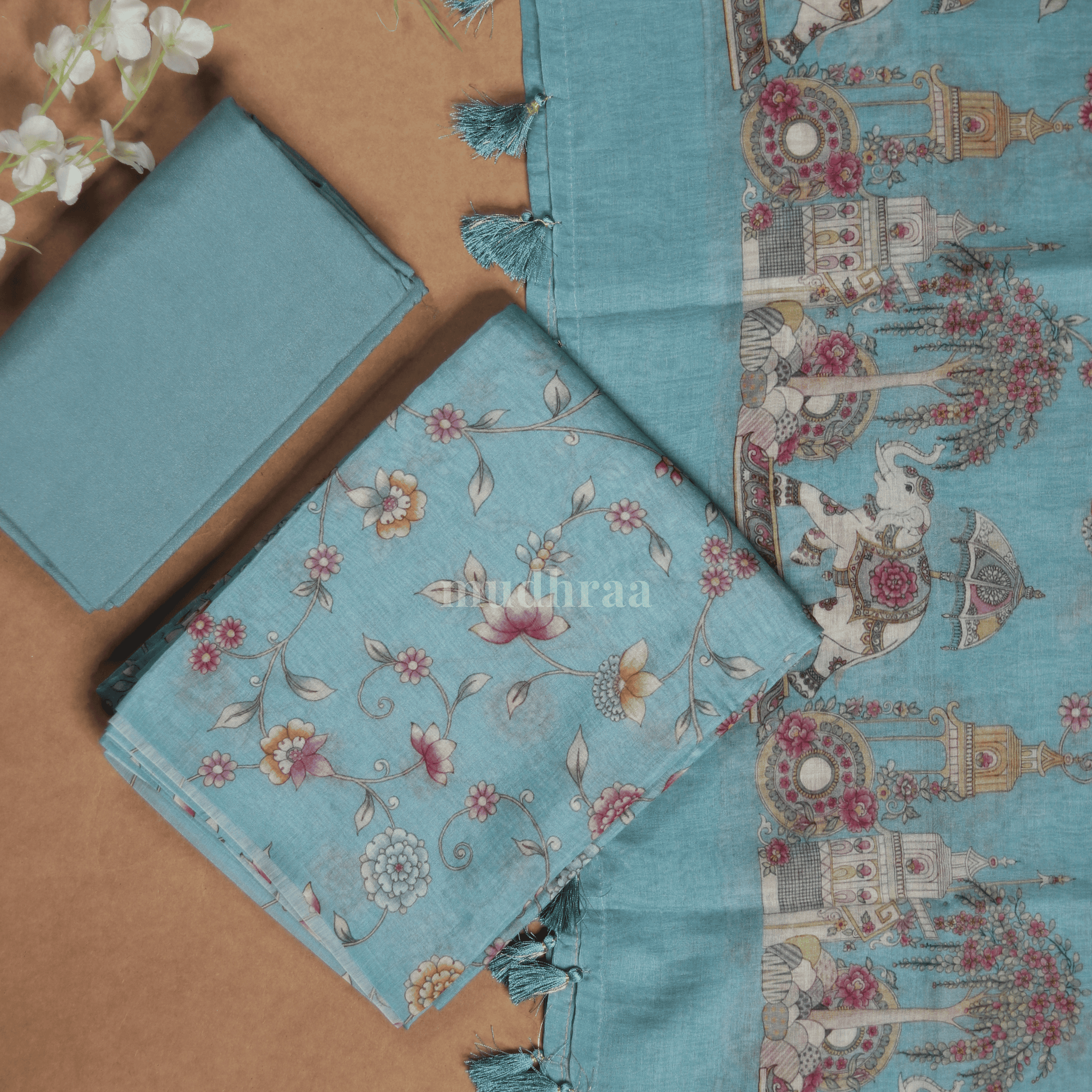 BABY BLUE CHANDERI FLORAL SUIT