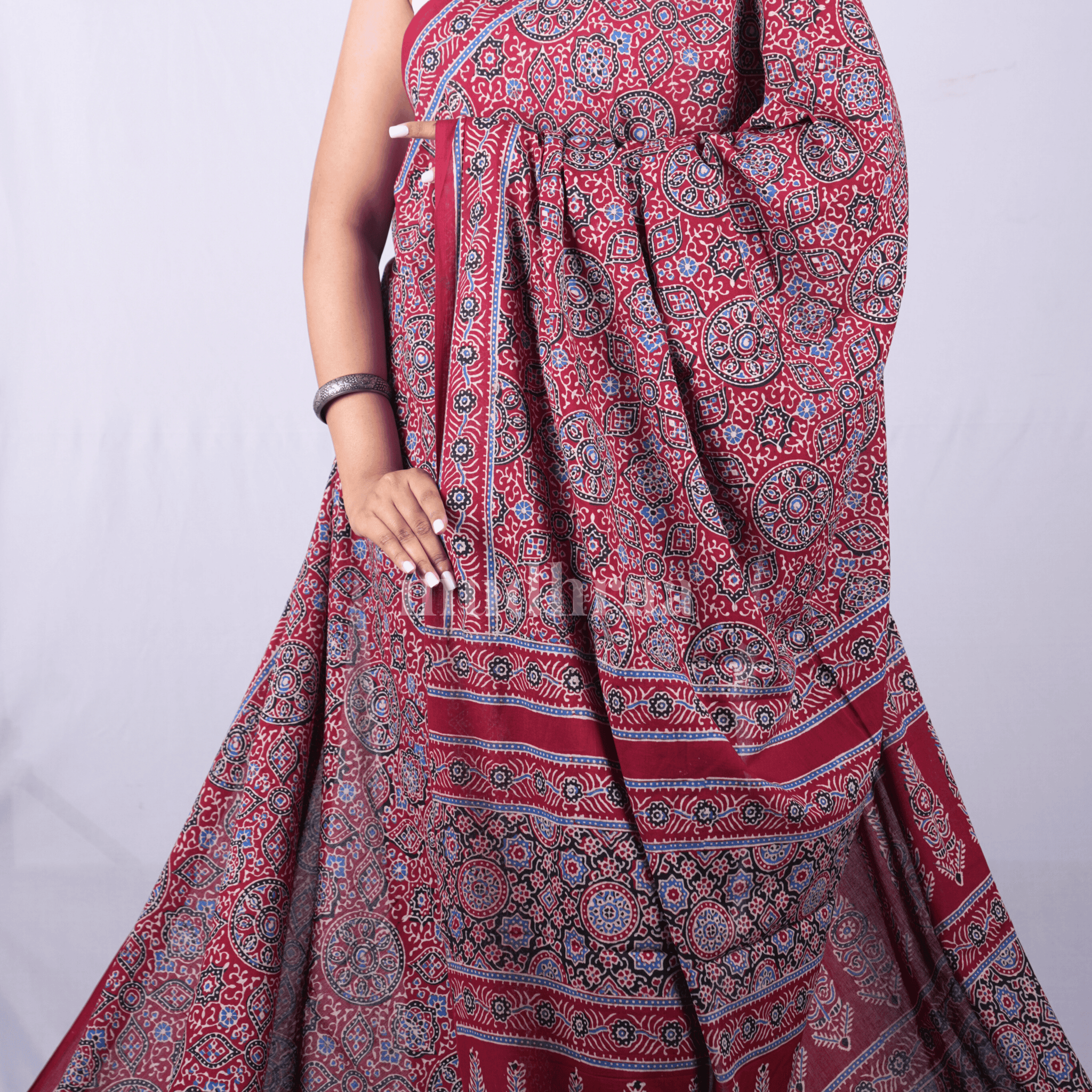 RUST RED AJRAKH HANDBLOCK PRINTED MUL COTTON SAREE