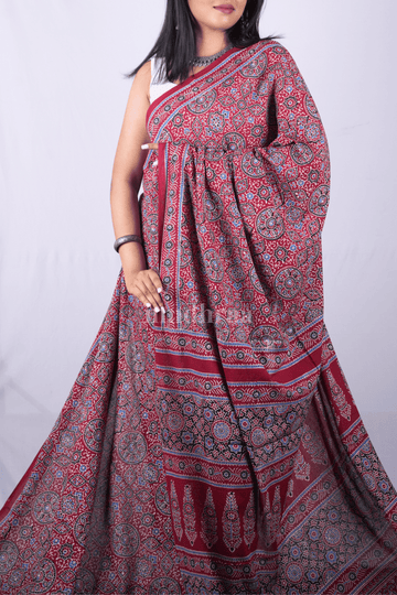 RUST RED AJRAKH HANDBLOCK PRINTED MUL COTTON SAREE