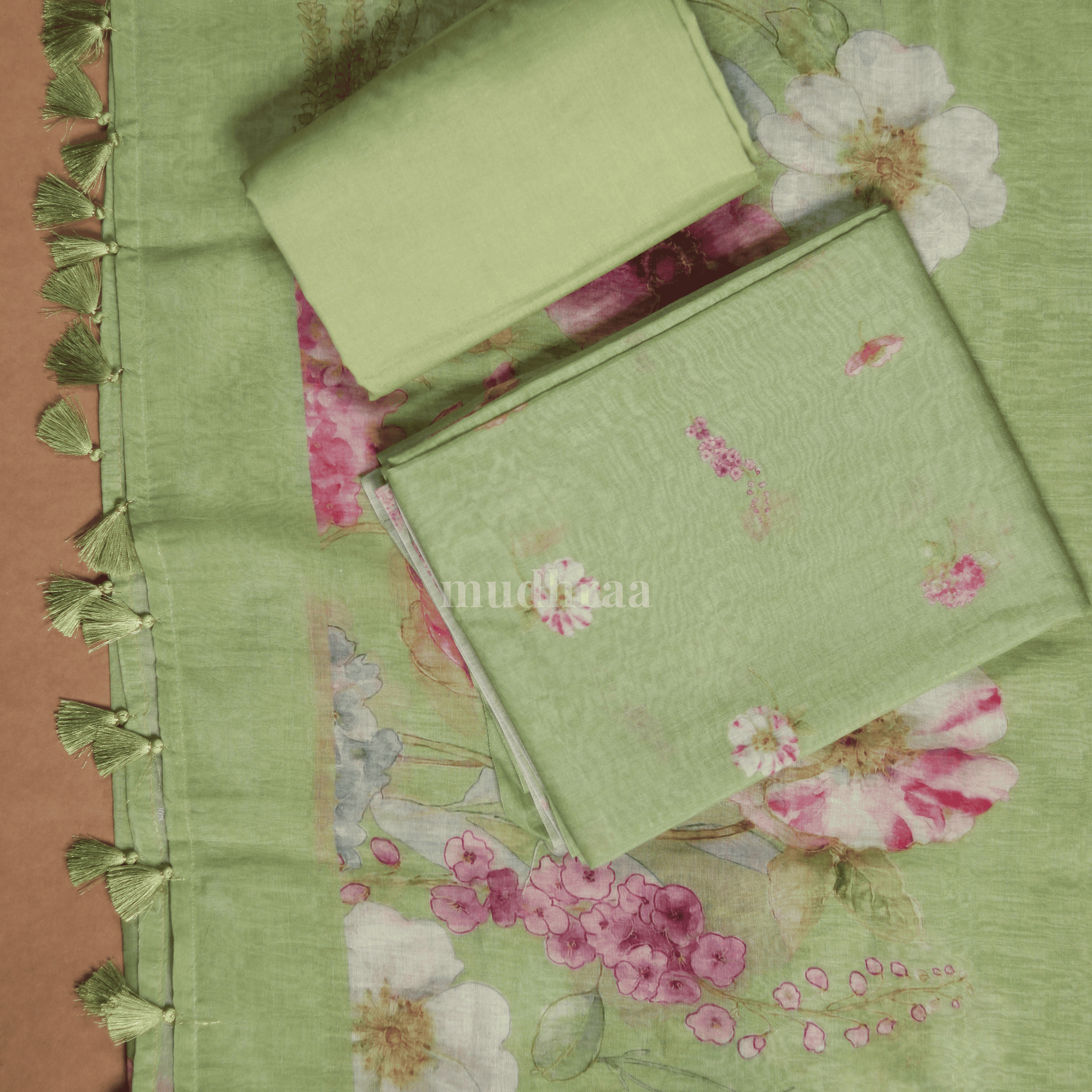 LEAF GREEN CHANDERI FLORAL SUIT