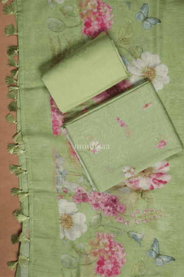 LEAF GREEN CHANDERI FLORAL SUIT