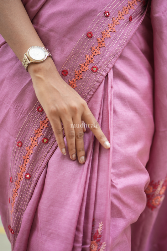 DUSTY ROSE & TANGERINE KUTCH TUSSAR SAREE