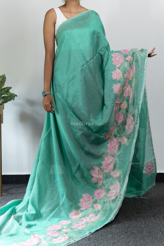 Aqua Blue and Pink Applique Mangalagiri Silk Saree