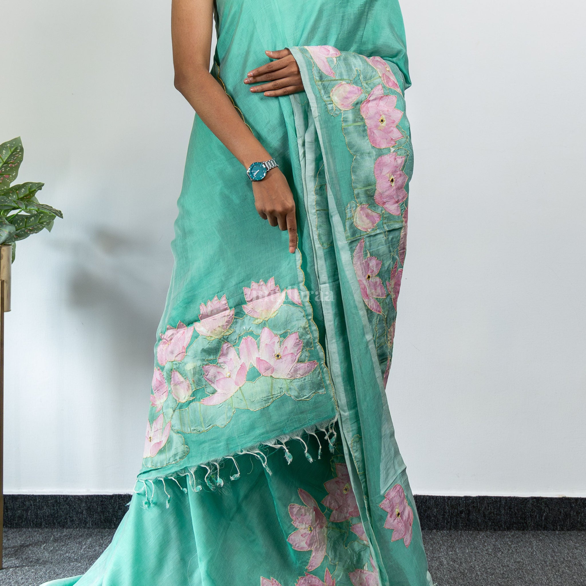 Aqua Blue and Pink Applique Mangalagiri Silk Saree