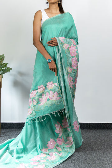 Aqua Blue and Pink Applique Mangalagiri Silk Saree