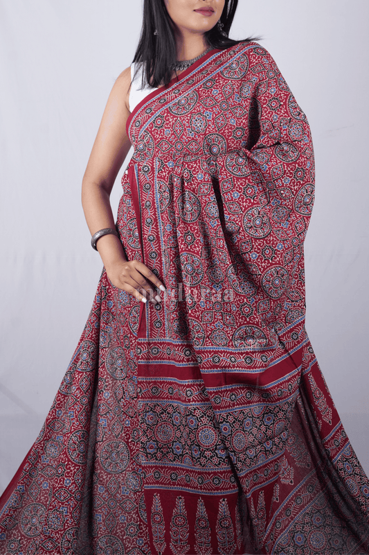 RUST RED AJRAKH HANDBLOCK PRINTED MUL COTTON SAREE