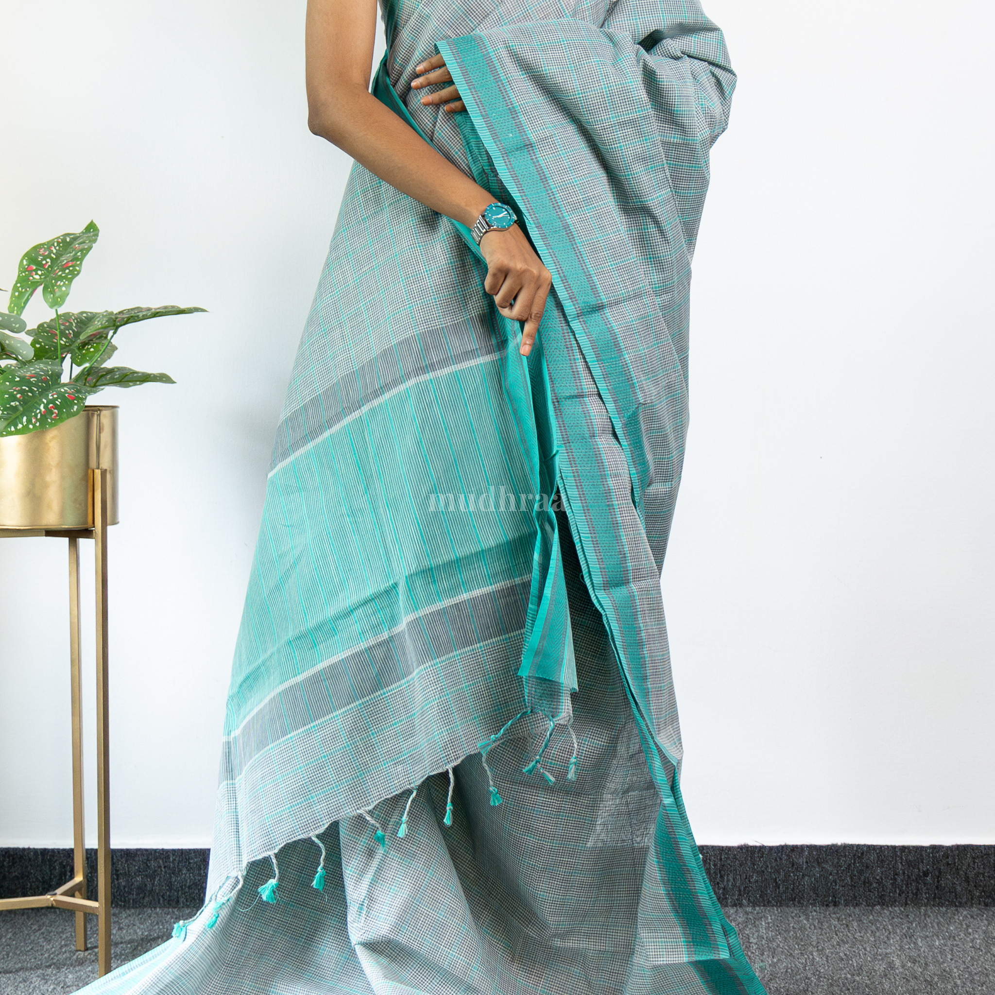 Teal Blue and Grey Checkered Khadi Cotton Saree