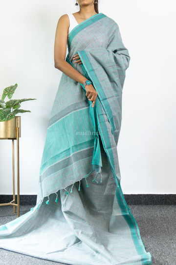 Teal Blue and Grey Checkered Khadi Cotton Saree