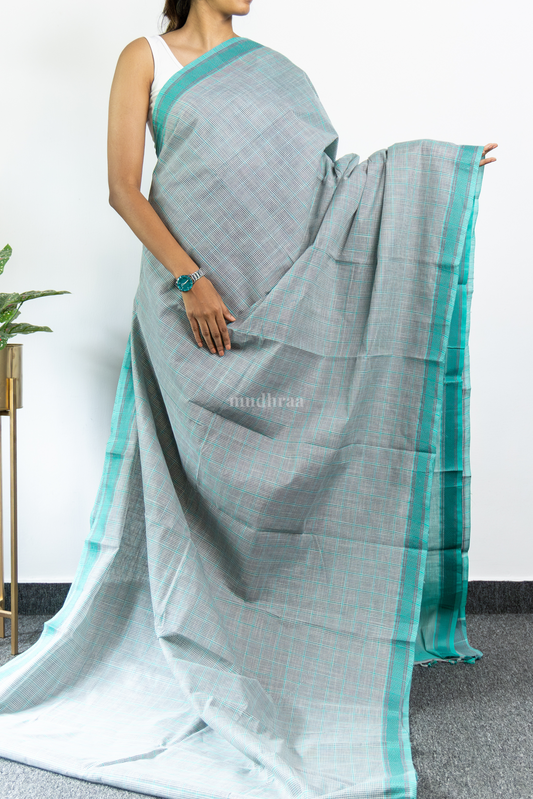 Teal Blue and Grey Checkered Khadi Cotton Saree