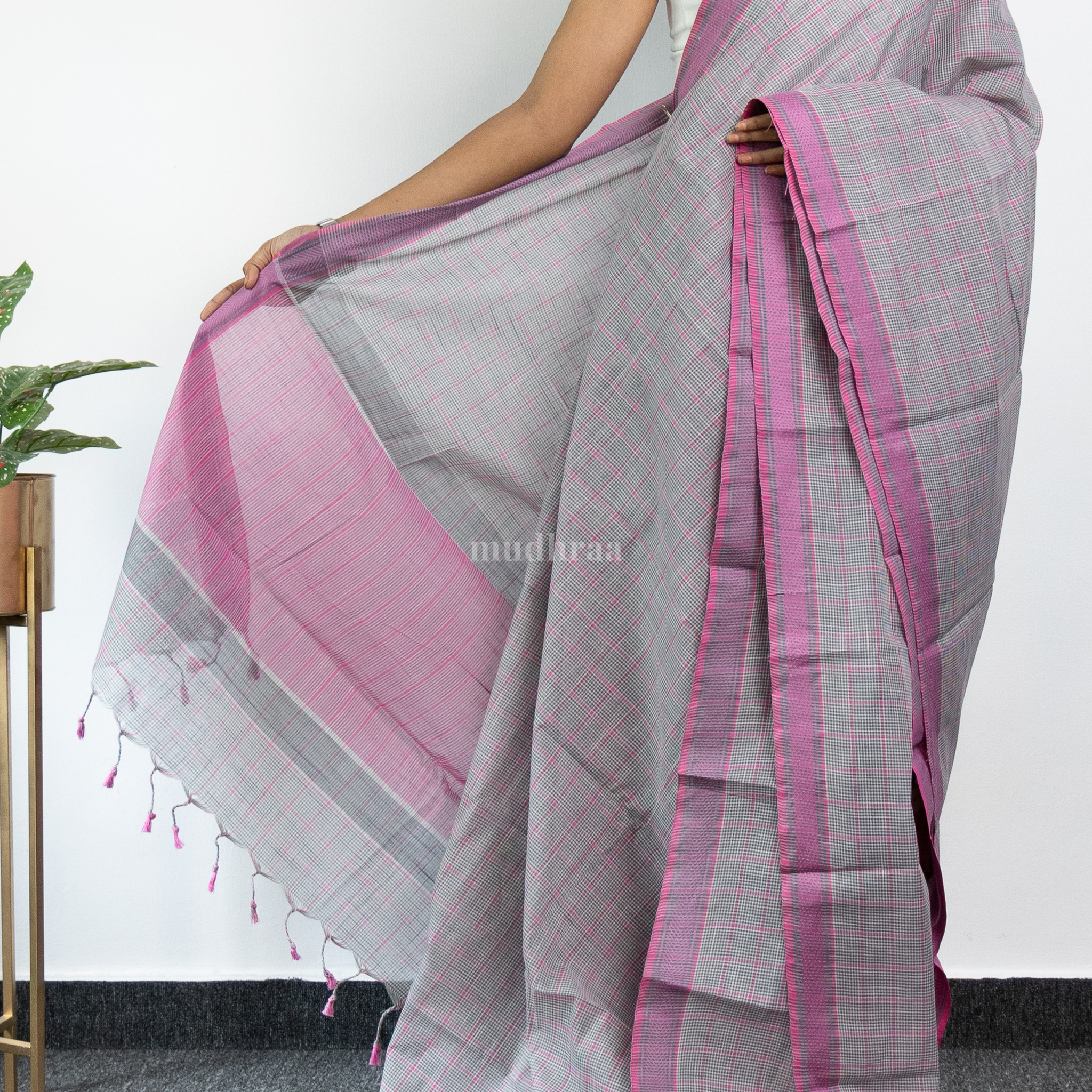 Grey and Pink Checkered Khadi Cotton Saree