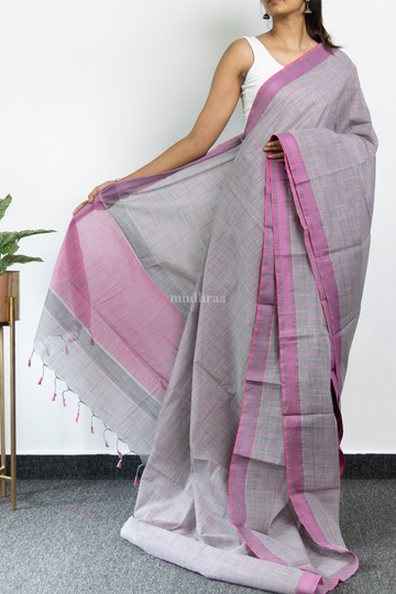 Grey and Pink Checkered Khadi Cotton Saree