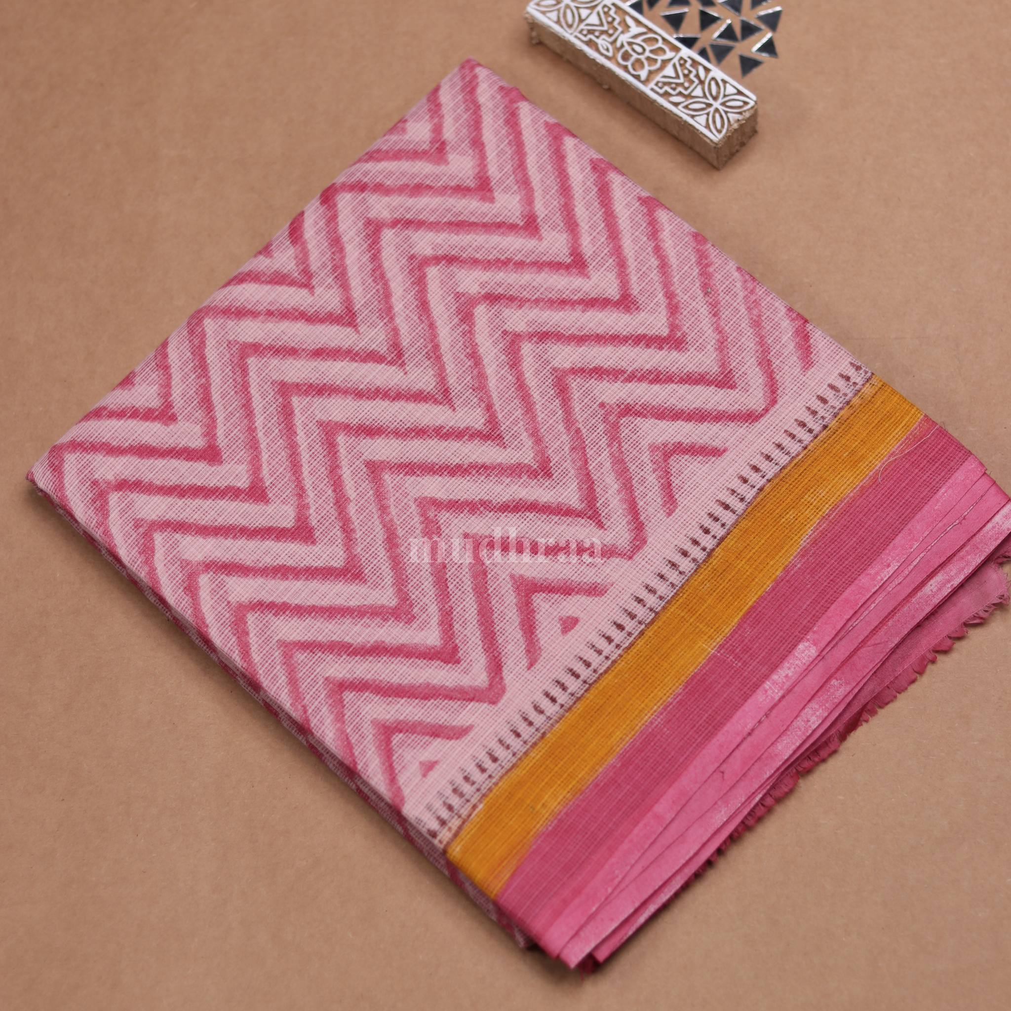PINK ZIG ZAG HANDBLOCK PRINTED KOTA COTTON SAREE