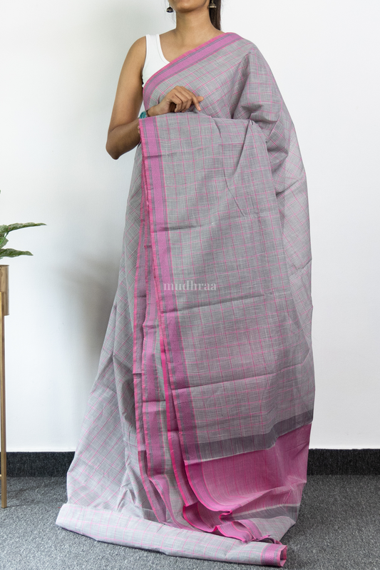 Grey and Pink Checkered Khadi Cotton Saree