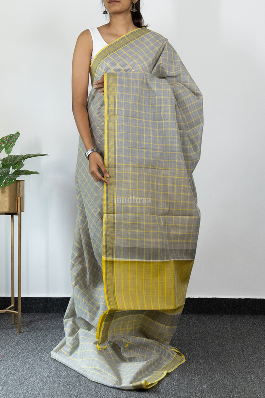 Grey and Lime yellow Checkered Khadi Cotton Saree