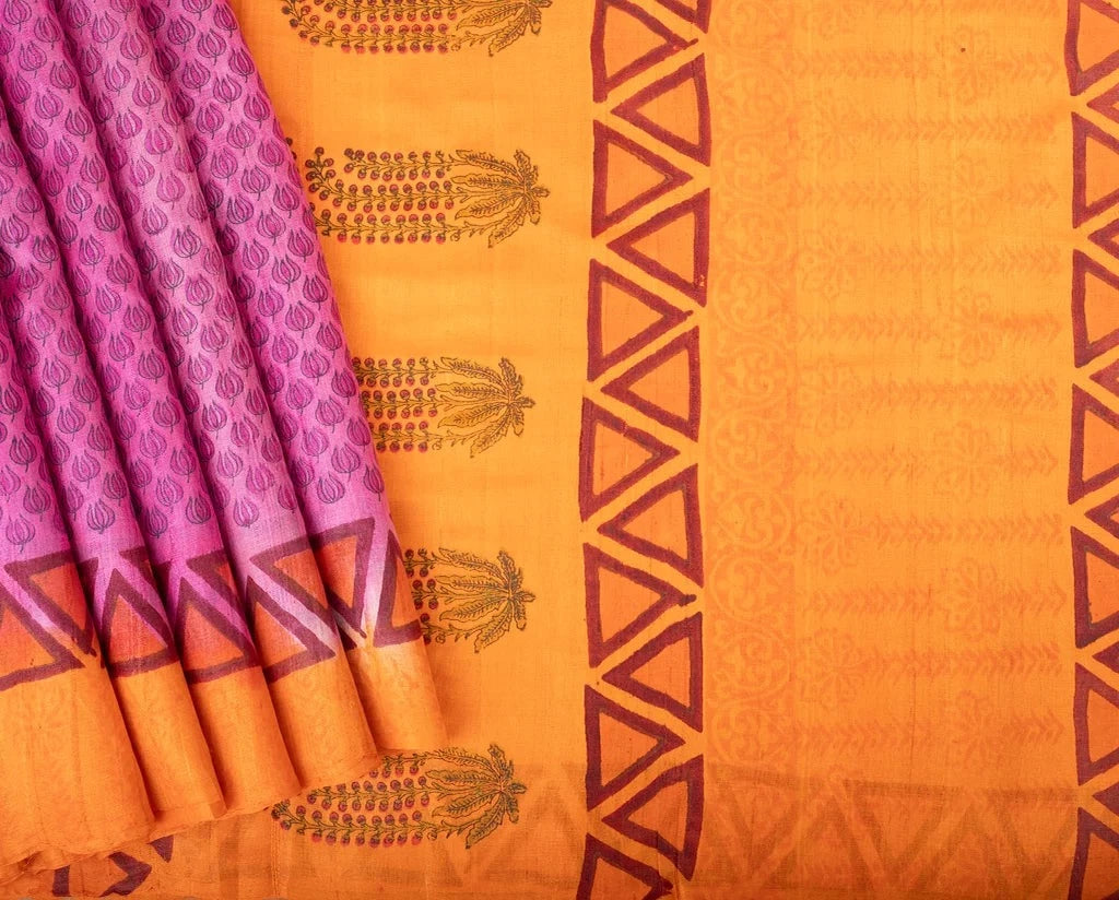 VIOLET & ORANGE HANDBLOCK PRINTED TUSSAR SILK SAREE