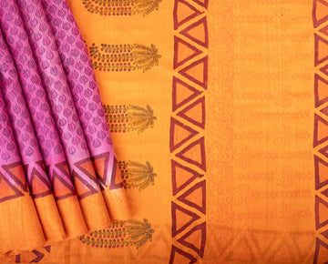 VIOLET & ORANGE HANDBLOCK PRINTED TUSSAR SILK SAREE