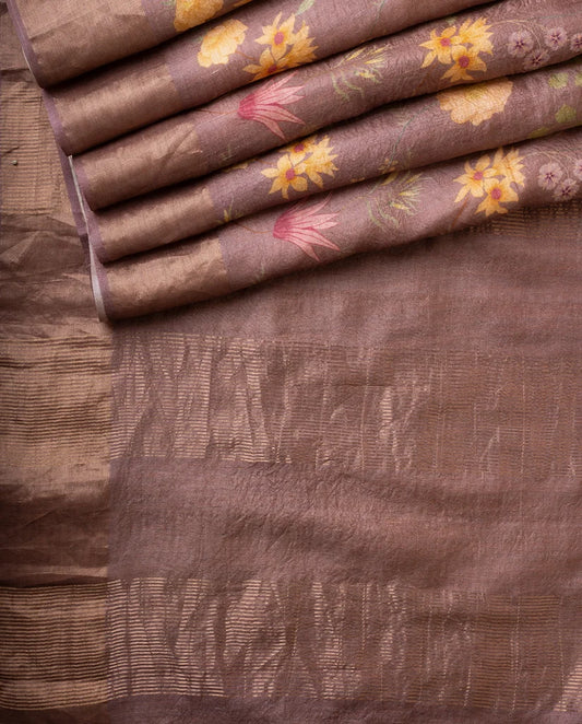 TAUPE BROWN PRINTED TUSSAR SAREE