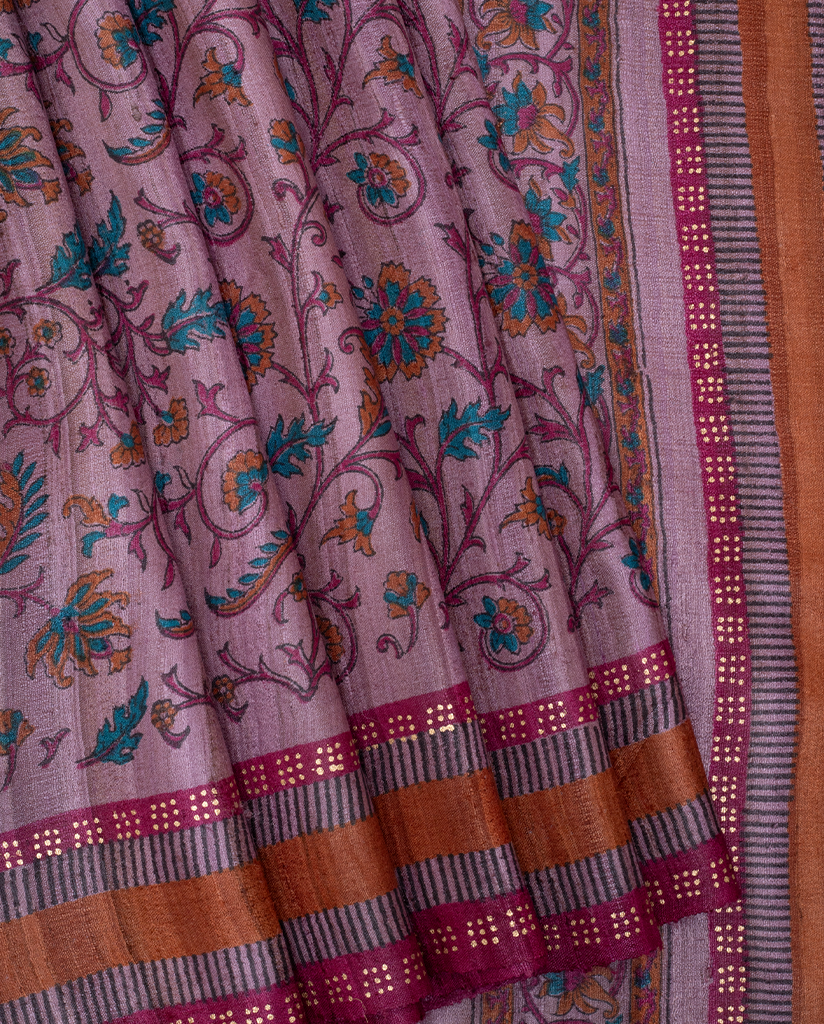 Violet handblock Printed Ghicha Tussar Saree