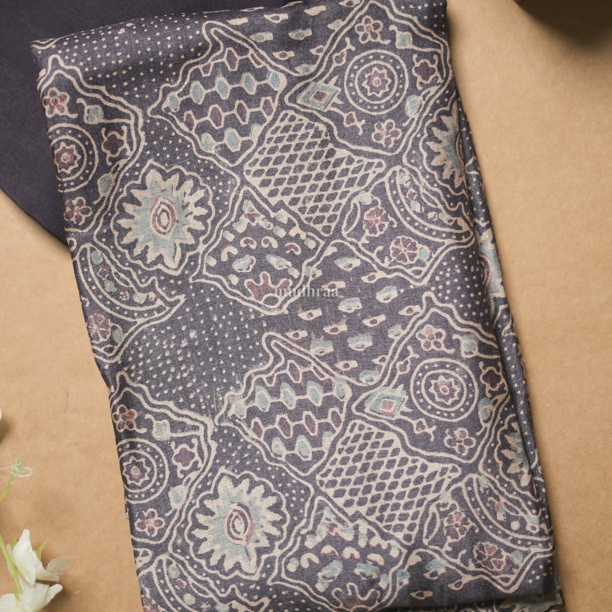 COAL BACK AJRAKH HANDBLOCK PRINTED TUSSAR SUIT SET